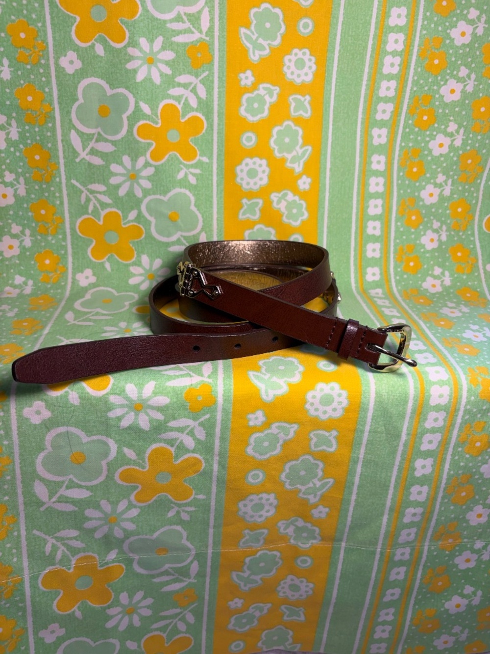 Michael Kors Dark Brown Leather Skinny Belt Silver Engraved Buckle Extra Large X